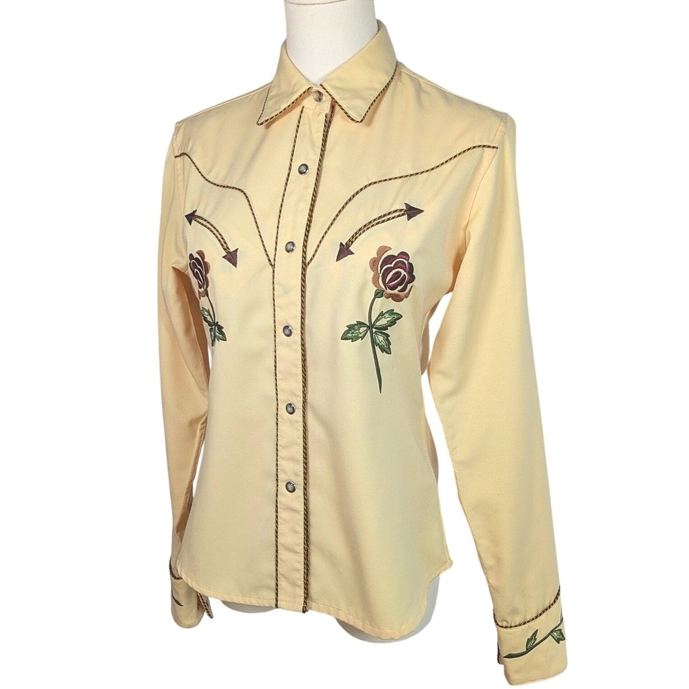 Panhandle Slim Womens Retro Western Shirt Yellow Rose Embroidery Pearl Snap S